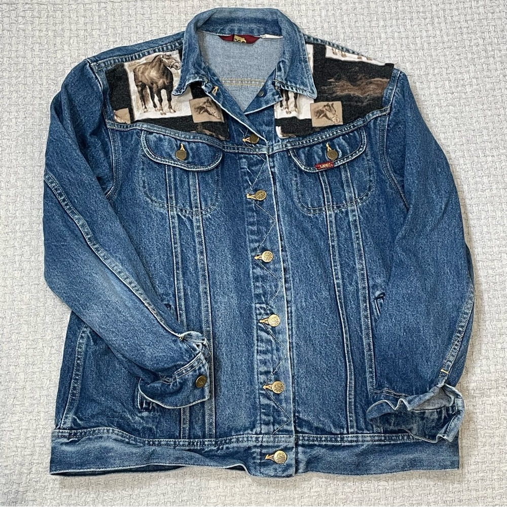 Upcycled VTG Ms Lee Jean Jacket Western Horses Flannel Accents Size 13/14 Medium